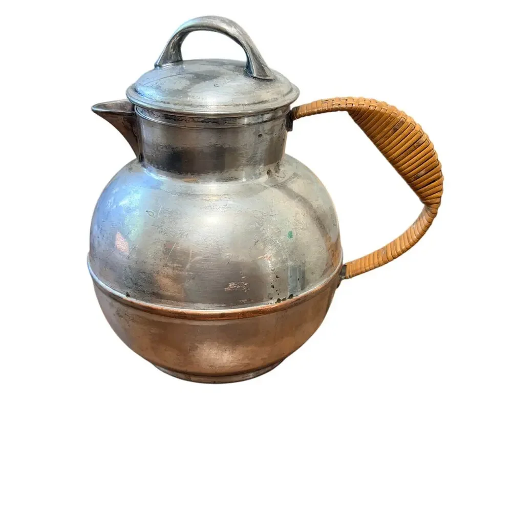Vintage Silver-Plate Electroplated Copper Tea Kettle W/ Rattan Handle